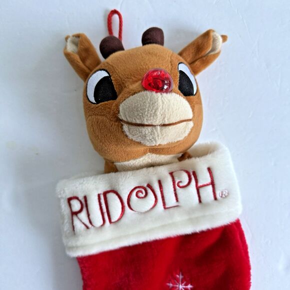 Vtg 90s Rudolph the Red Nose Reindeer Plush Christmas Stocking Red Shiny Nose 3D - Picture 3 of 7